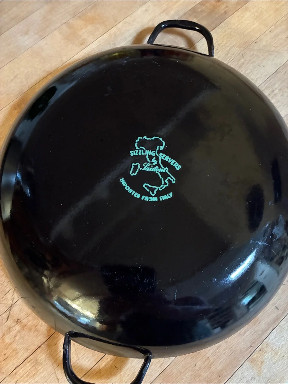Vintage Orange Enamel Coated sizzling Server Pan with Black Handles